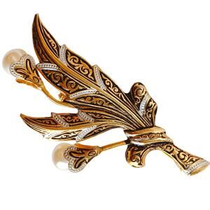 VTG Mid Century Damascene Style Brooch Black Enamel Pearl Floral Gold Tone Pin